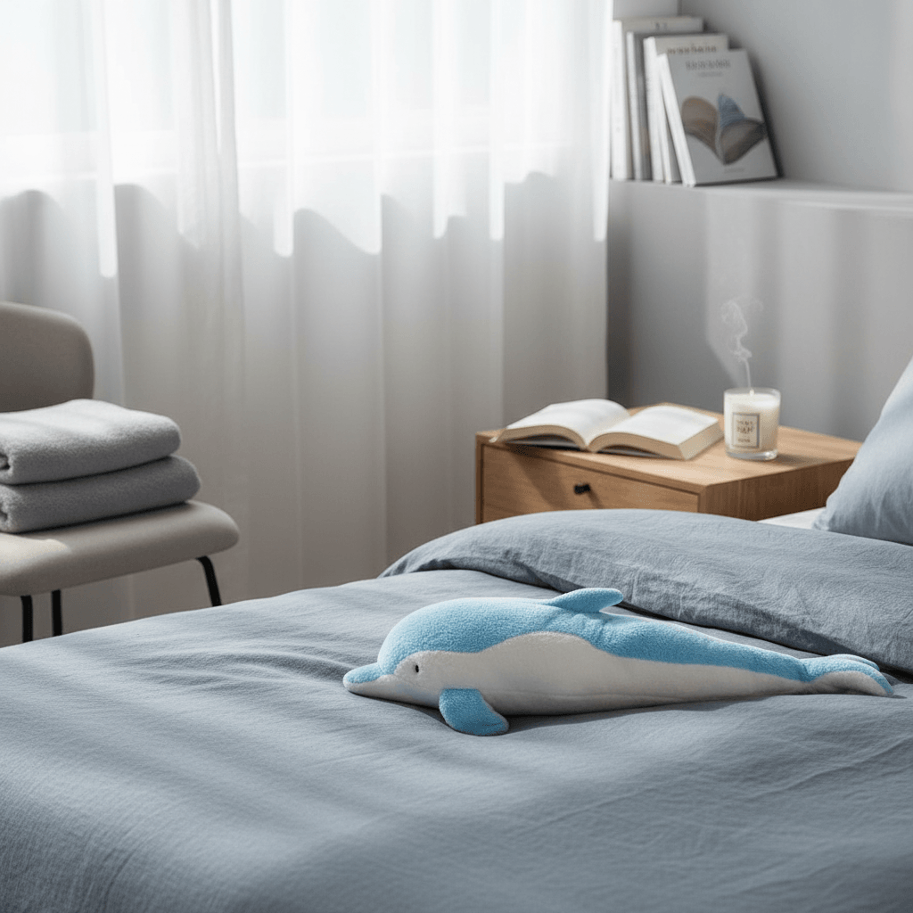 Dolphin Plush Thrusting Dildo Vibrator displayed on a neatly made bed in a stylish bedroom setting.