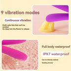 Purple waterproof adult toy showing 9 vibration modes and textured silicone surface.