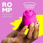 Rose Vibrator for Women featuring innovative pleasure air technology held in a hand with colorful background.