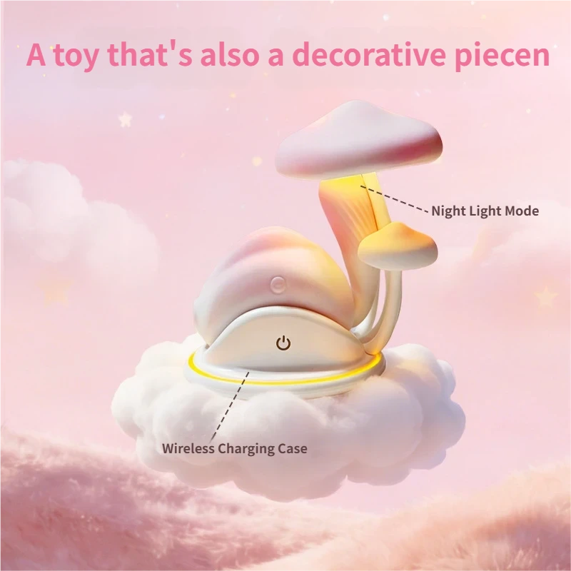 Pink Bunny 180 Rotating Tail Sucking Vibrator, showing night light mode and wireless charging features.