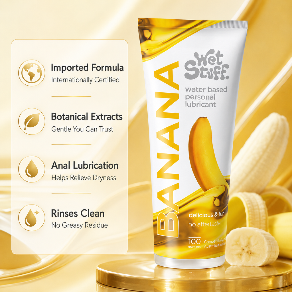 Banana Water-Based Edible Lubricant key benefits - Imported botanical formula, easy to clean, long-lasting and gentle for intimate use