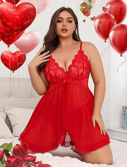 Plus Size Lace Lingerie V-Neck Open Front Chemise Sexive Nightdress