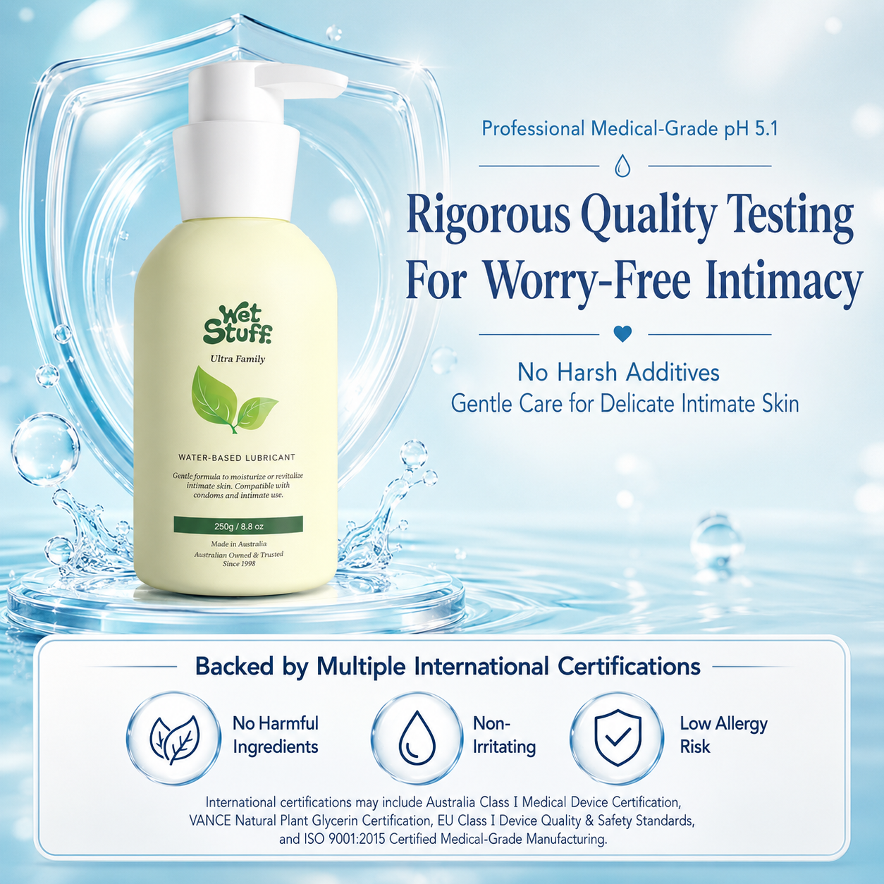 Wet Stuff 8.8oz pH Balanced Gentle Water-Based Lubricant bottle with quality testing information.