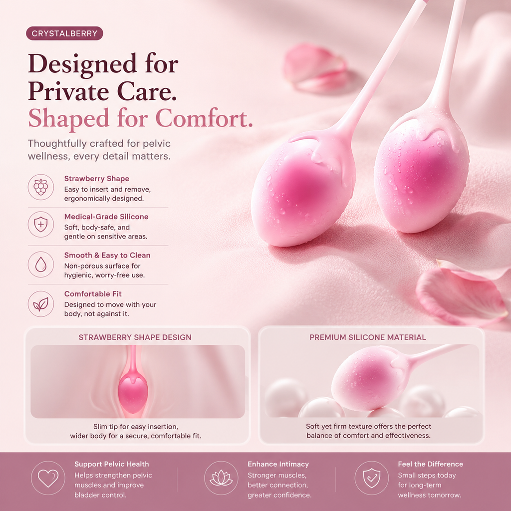 Strawberry Kegel balls with ergonomic design and targeted pelvic floor support illustration