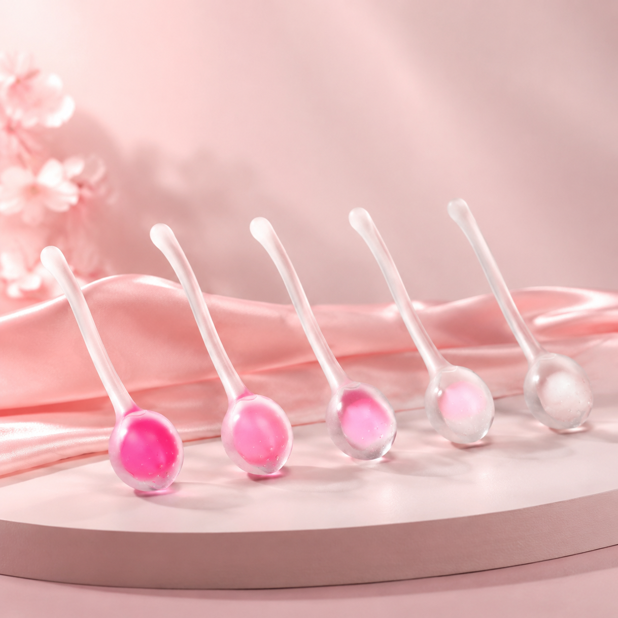 Crystalberry Strawberry Kegel Balls set of 5 progressive weights in pink gradient displayed on pink satin with cherry blossoms