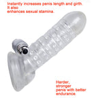 Penis Sleeve Extender demonstrated being stretched to show the elastic properties of the silicone-TPE blend. The image illustrates how the 1.37-inch diameter opening comfortably accommodates various sizes while maintaining a secure fit.
