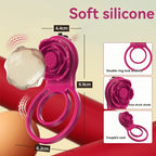 Pink silicone vibrating ring for couples, rose design, double ring, product dimensions shown.