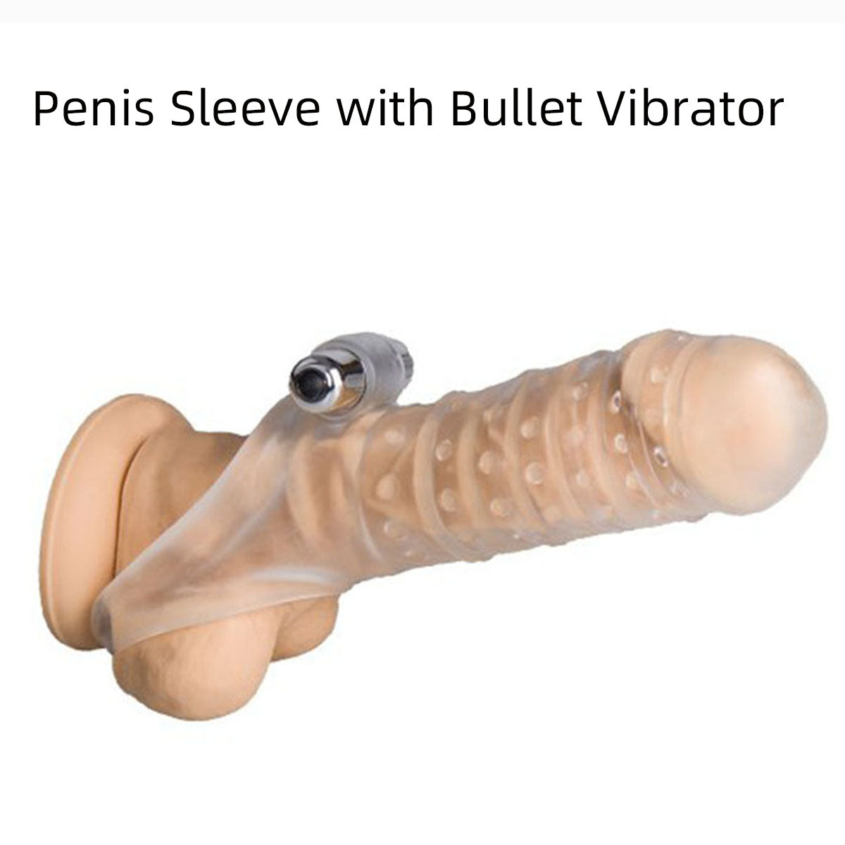 Penis Sleeve Extender shown with its integrated vibrator chamber visible. The white material allows you to see the internal compartment designed to hold a standard bullet vibrator for added stimulation during use.