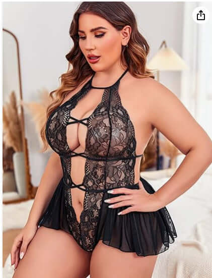 Sexy Plus Size Sheer Lace Deep V Neck Cross Halter Bodysuit Lingerie-black in wear