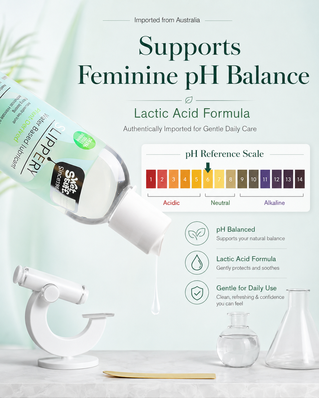 Wet Stuff Slippery Water-Based Lubricant supports feminine pH balance with lactic acid formula - pH 3.5-4.5 gentle daily care