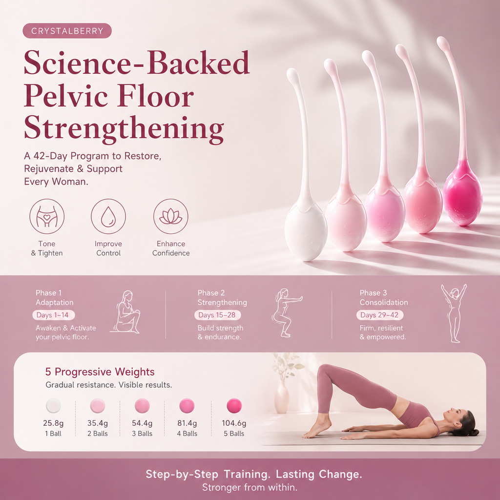 Crystalberry pink Strawberry Kegel Balls showing 5 progressive weights from 25.8g to 104.6g for different pelvic floor levels