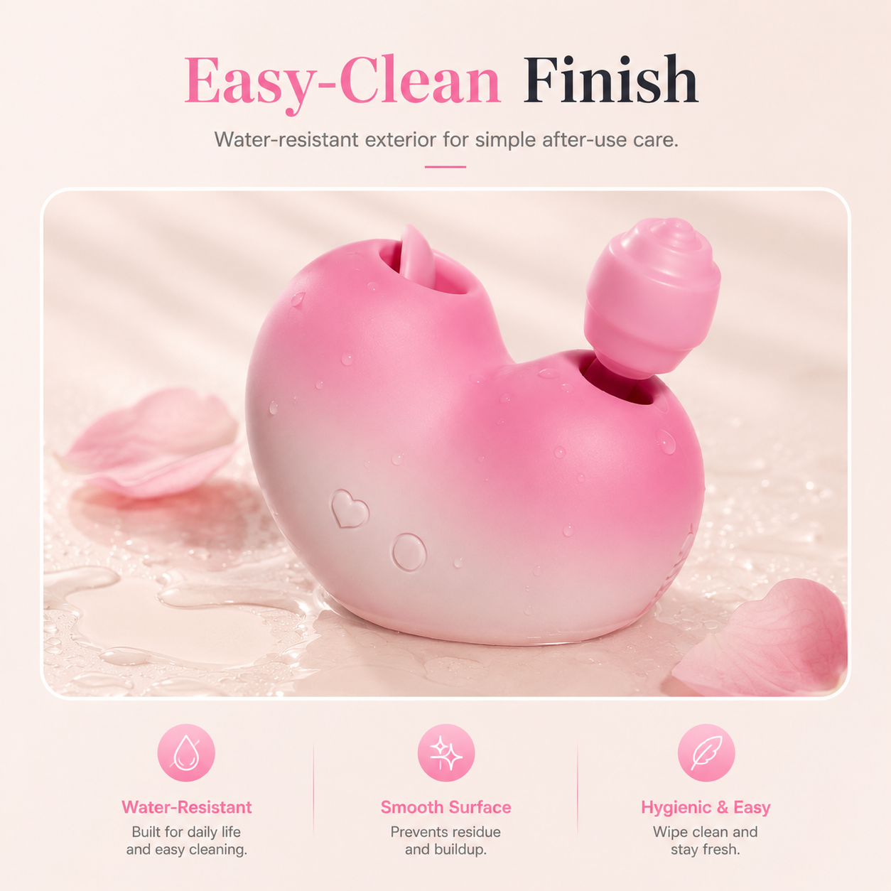 APP Heart Suction Vibrator showcasing its easy-clean finish and water-resistant design for simple after-use care.