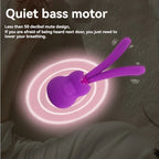 Purple silicone dual-arm adult toy with quiet bass motor and vibration waves illustrated.