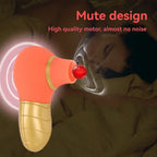 Orange and gold personal massager with silent design feature, shown in a bedroom setting.