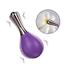 Purple rechargeable personal massager with metallic handle, vibration effect, white background