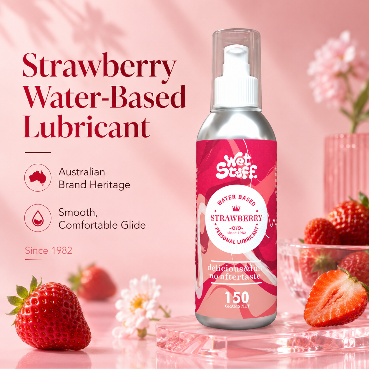 Wet Stuff Strawberry Edible Water Based Lube - Oral Safe, Australian brand since 1982, smooth and comfortable glide.