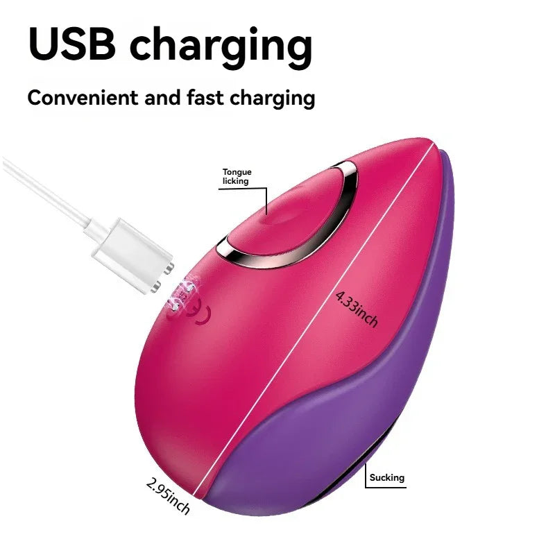 Pink and purple USB rechargeable personal massager with labeled features and dimensions.