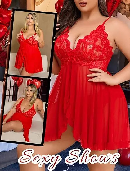 Plus Size Lace Lingerie V-Neck Open Front Chemise Sexive Nightdress