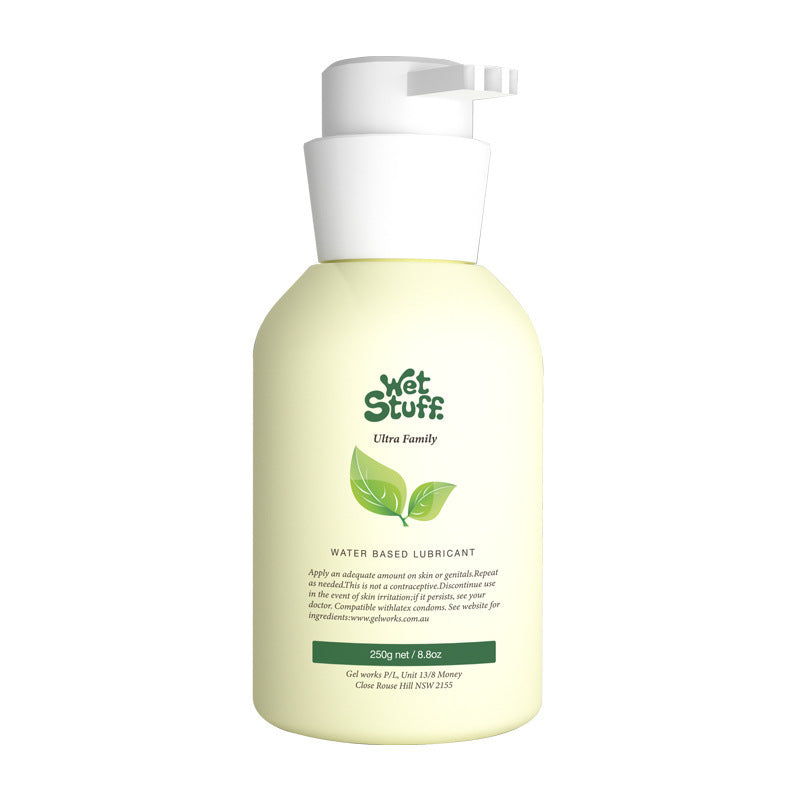 Wet Stuff 8.8oz pH Balanced Gentle Water-Based Lubricant bottle with a pump, featuring a leaf design.