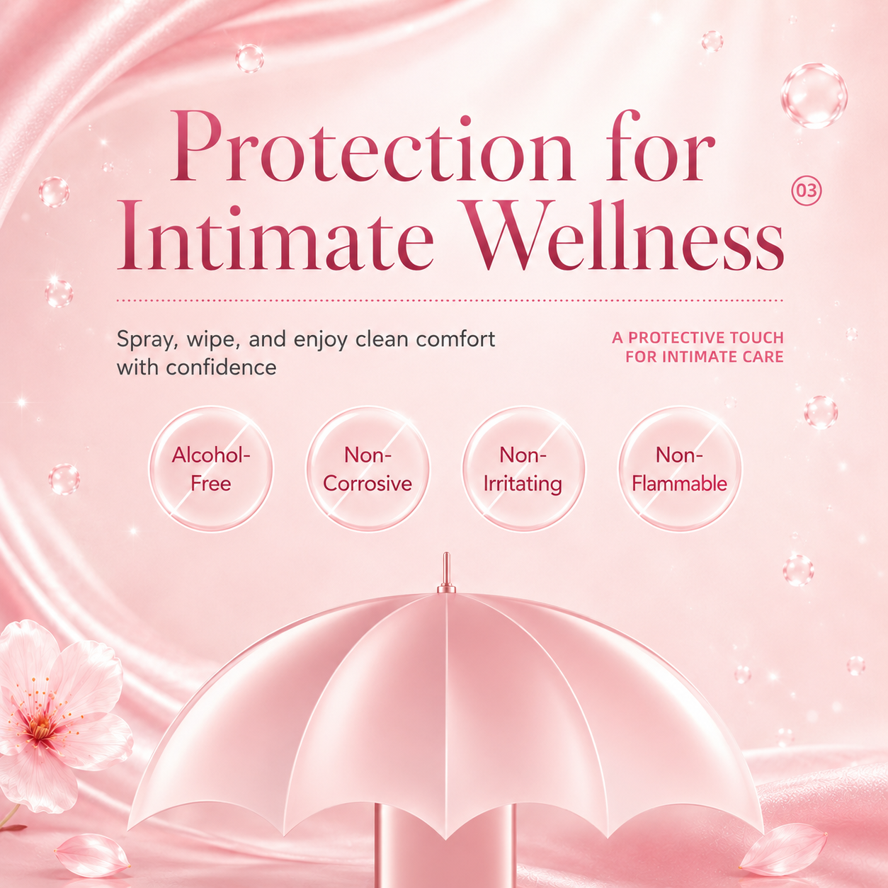 Protection for Intimate Wellness with alcohol-free, non-corrosive, non-irritating, and non-flammable qualities.