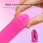 Close-up of a pink dual-layer silicone sex toy highlighting its flexible outer layer and soft inner core.
