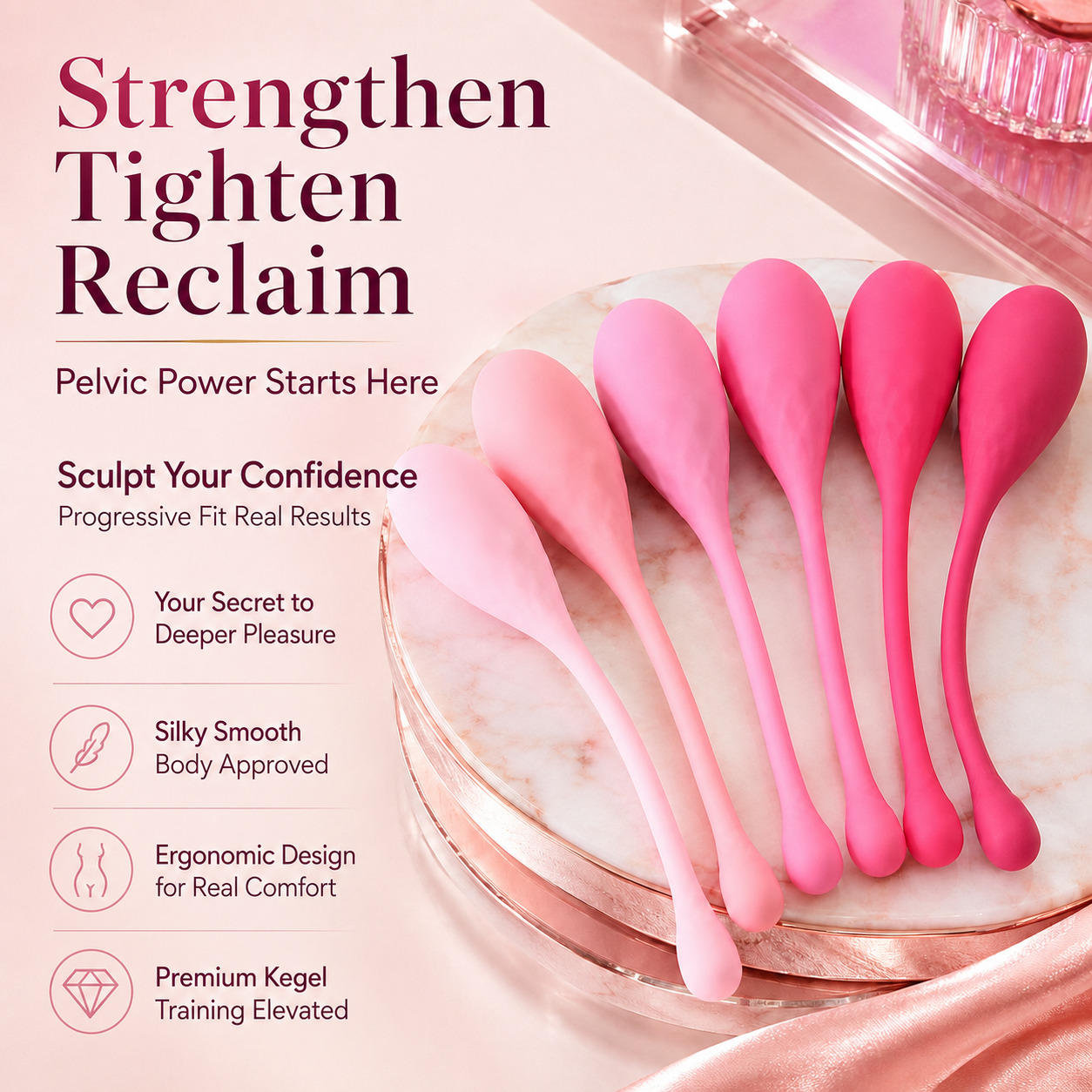 6-Stage Progressive Kegel Balls for Women, designed for pelvic floor training and confidence building.