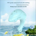 Blue silicone waterproof adult toy with water droplets, showcased over water and flowers.