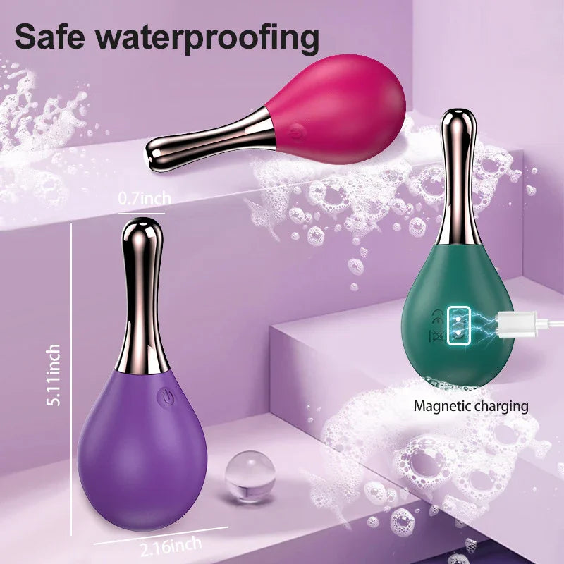 Colorful waterproof personal wellness devices with magnetic charging, dimensions shown.