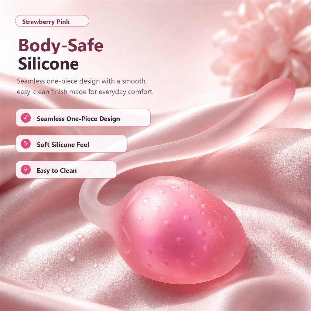 Pink strawberry kegel balls shown with soft satin-style product styling