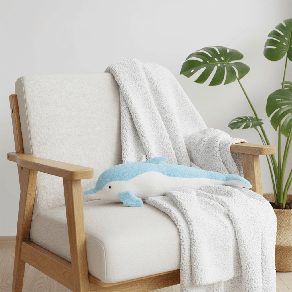 Dolphin Plush Thrusting Dildo Vibrator resting on a chair with a soft blanket, perfect for women.