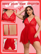 Plus Size Lace Lingerie V-Neck Open Front Chemise Sexive Nightdress