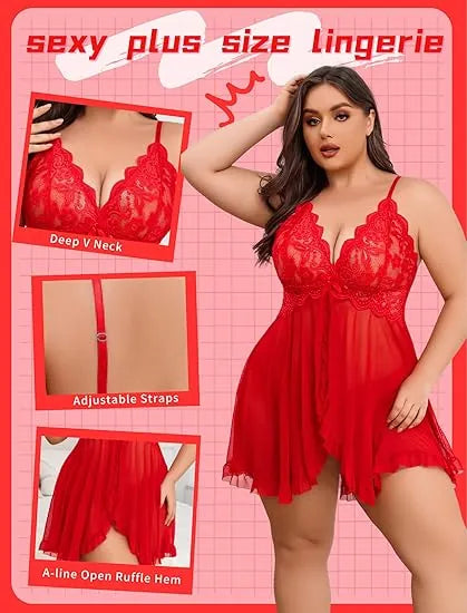 Plus Size Lace Lingerie V-Neck Open Front Chemise Sexive Nightdress