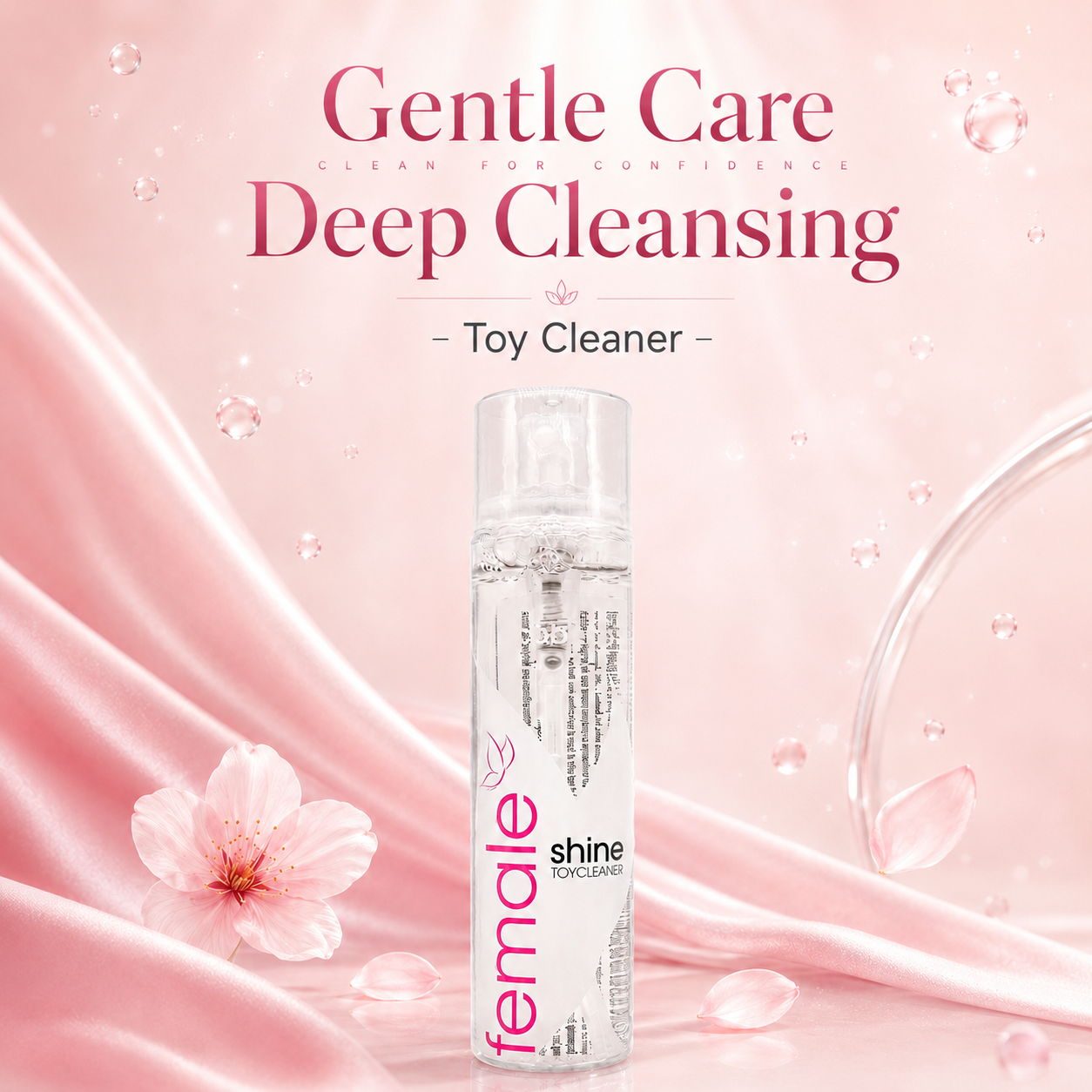Gentle Sex Toy Cleaner 120ml Alcohol-Free Silicone Safe Spray with floral design and soft pink background.