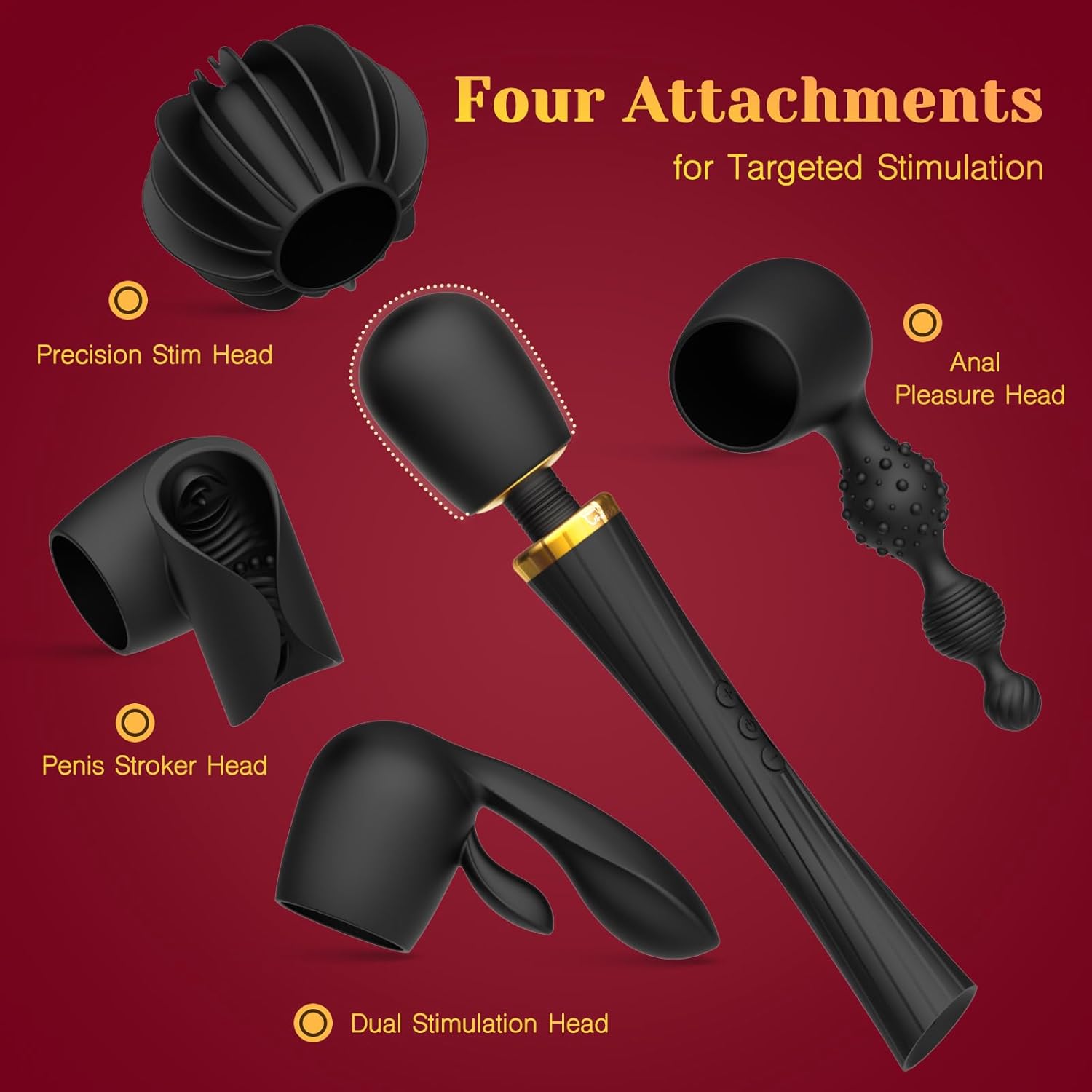 Wand Vibrator Kit with 4 Silicone Attachments, Cordless Massager with 3 Speeds & 5 Modes for Multi-Area Stimulation AM-001
