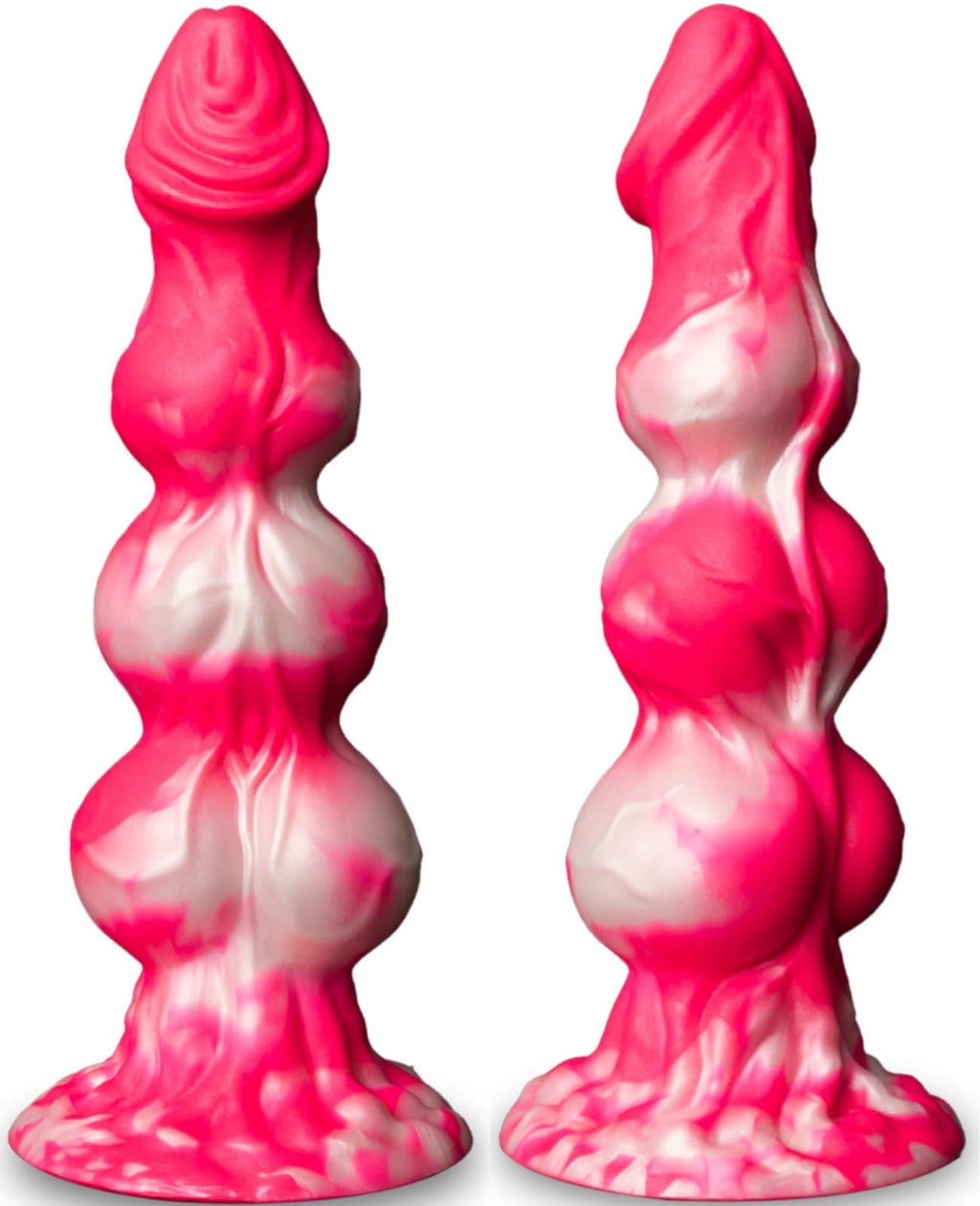 XL Silicone Fantasy Knot Dildo with 3 knots designed for G-Spot and anal use, featuring vibrant pink and white colors.
