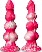 XL Silicone Fantasy Knot Dildo with 3 knots designed for G-Spot and anal use, featuring vibrant pink and white colors.