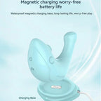 Blue waterproof adult toy with magnetic charging base and control buttons, long-lasting battery