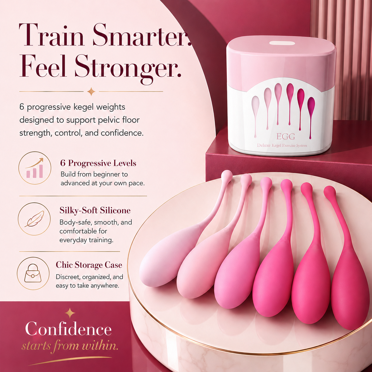 Six-stage pink Kegel training ball set with storage case