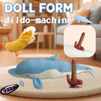 Dolphin Plush Thrusting Dildo Vibrator displayed in a cozy living room setting with a remote and soft toys.
