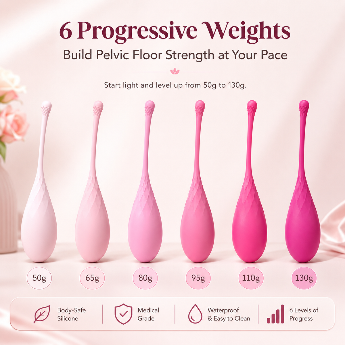 Six progressive Kegel weights from 50g to 130g