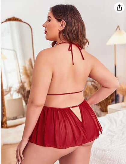 Sexy Plus Size Sheer Lace Deep V Neck Cross Halter Bodysuit Lingerie-product back view
