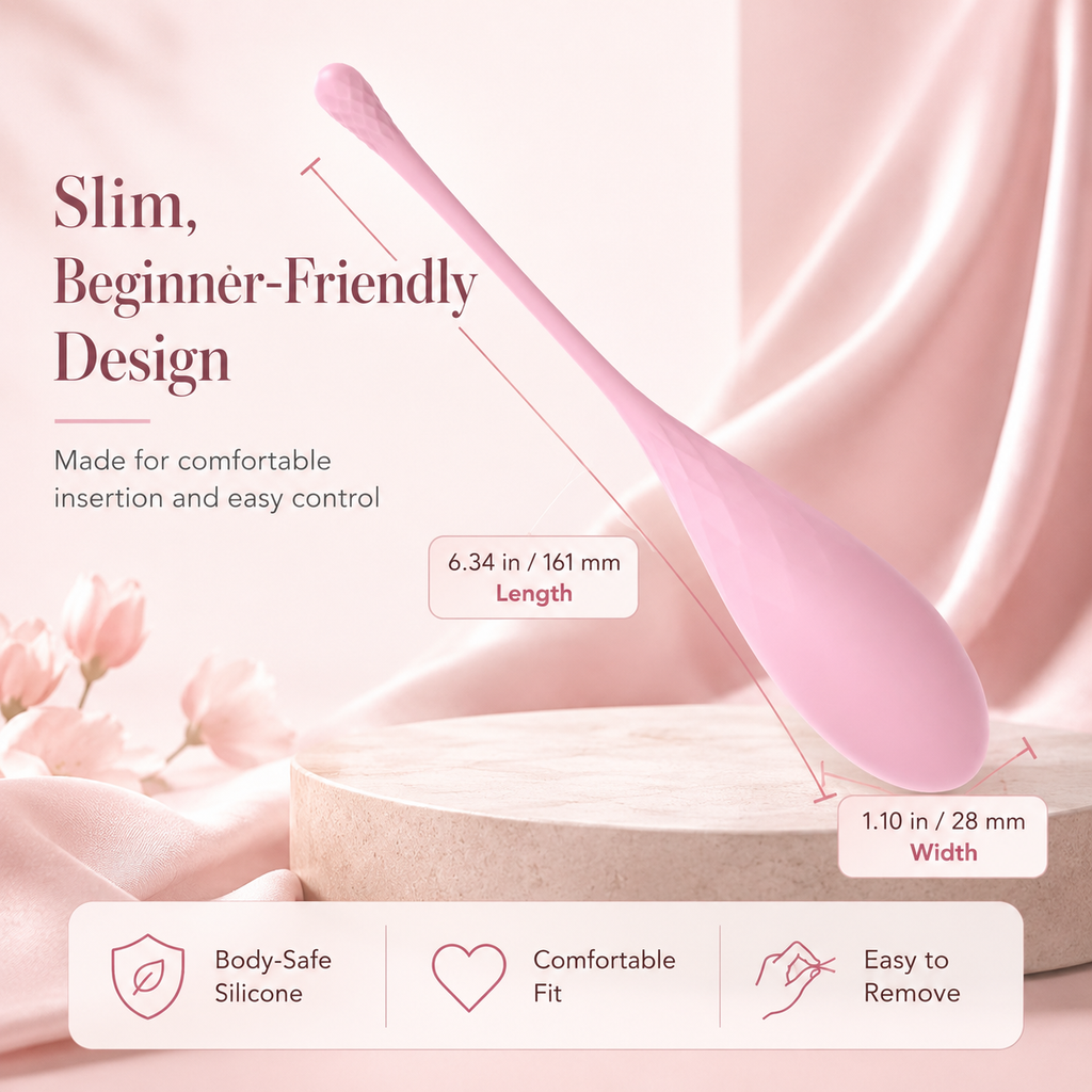  6-Stage Progressive Kegel Balls Slim pink Kegel training ball with size and comfort details