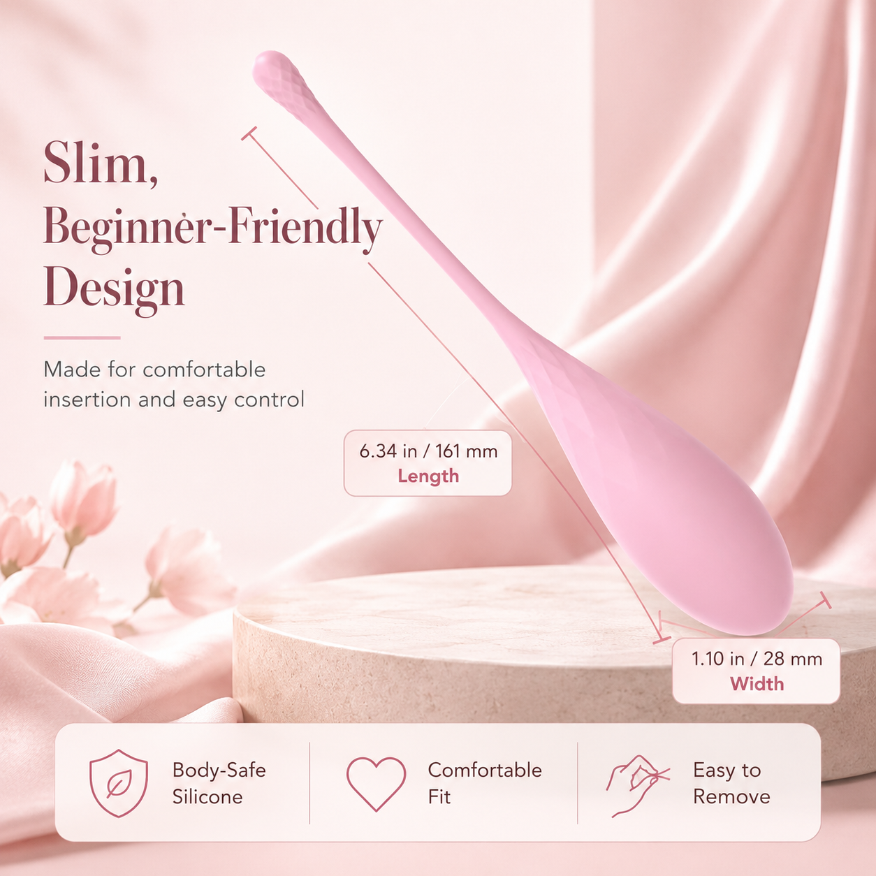  6-Stage Progressive Kegel Balls Slim pink Kegel training ball with size and comfort details