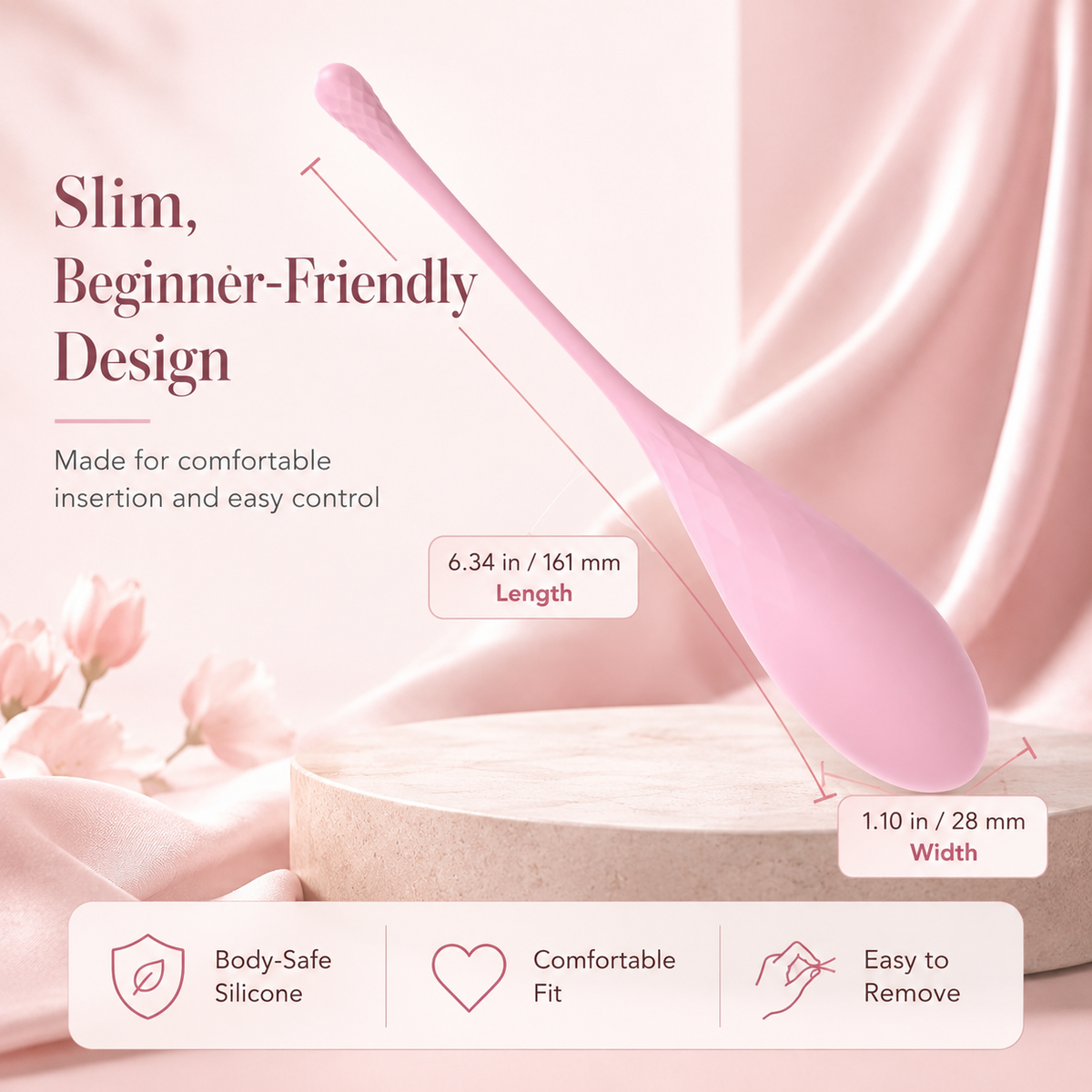  6-Stage Progressive Kegel Balls Slim pink Kegel training ball with size and comfort details