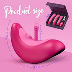 Remote Control Rotating Thrusting Ride-On Vibrator product size with dimensions and interchangeable sleeves displayed.