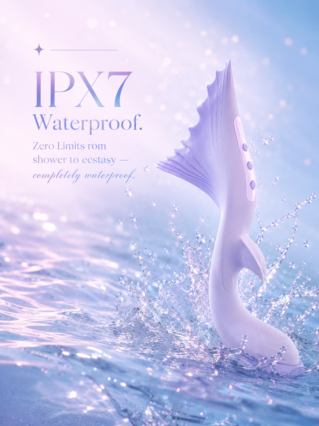 Mermaid Flapping Vibrator featuring waterproof design with tail in water, showcasing unique pleasure features.