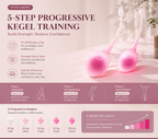 Strawberry Kegel balls set in 5 progressive weights, displayed on soft pink surface with training phases and daily usage guide for pelvic floor strengthening