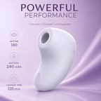 Purple suction vibrator showing motor, battery capacity, and magnetic charging specifications