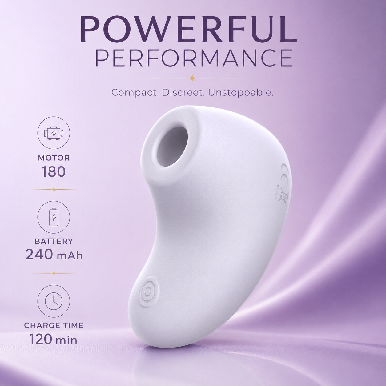 Purple suction vibrator showing motor, battery capacity, and magnetic charging specifications