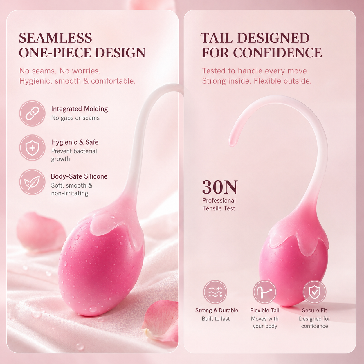 Strawberry Kegel balls with 6-step training program illustration on soft pink background